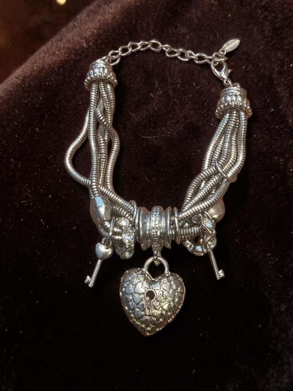 Traci Lynn Silver Heart Lock & Key Multi-Strand Charm Bracelet